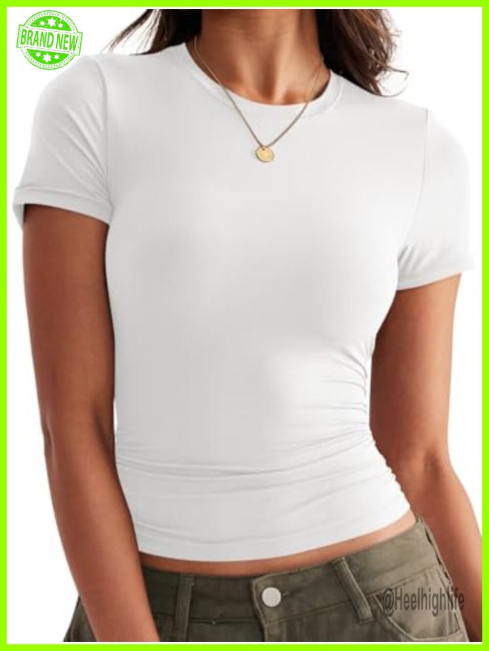 Women Crewneck Double Lined Slim Fit Crop T Shirt Short Sleeve